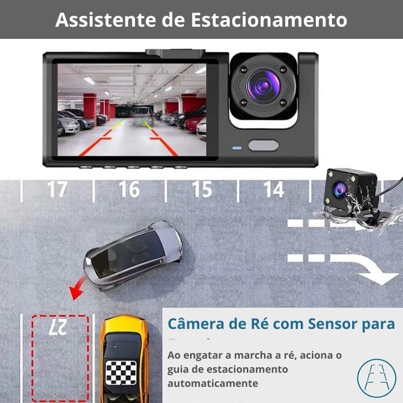 Câmera Veicular Tripla - Dashcam - Full HD 1.080x