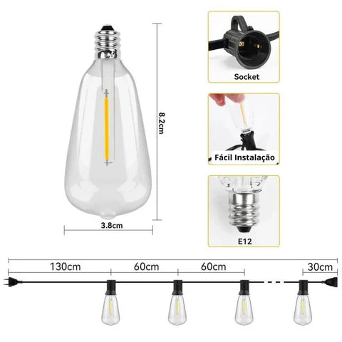 Varal de Lâmpadas Prova D'Água para Iluminar Exteriores